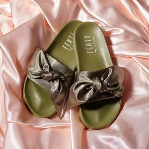 Fenty PUMA slides. Satin bow olive
